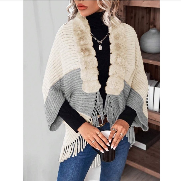 Beige & Grey Fringe Hem Open Cardigan Sweater Vegan Faux Fur - Picture 6 of 6